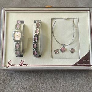Jean Marc Pink & Silver Tone Watch/Bracelet/Necklace and Post Earrings Set NIB
